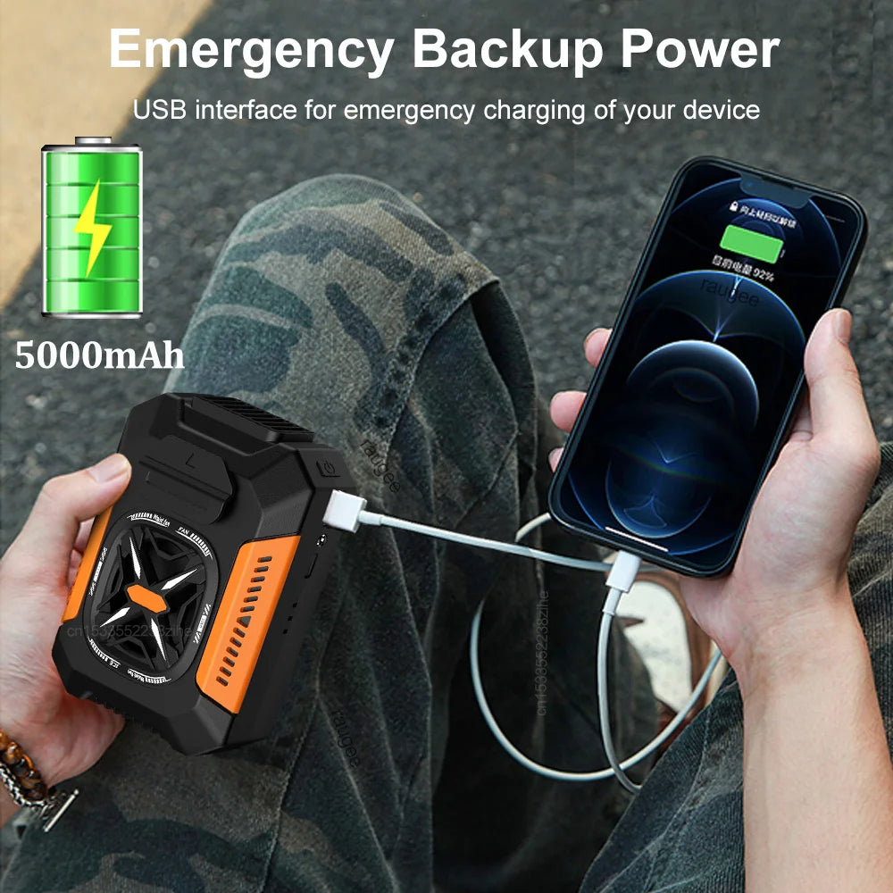 Portable Waist Clip Fan 5000Mah USB Rechargeable Fan Powerful Air Cooler Outdoor Camping Waist Fan with Power Bank LED Light