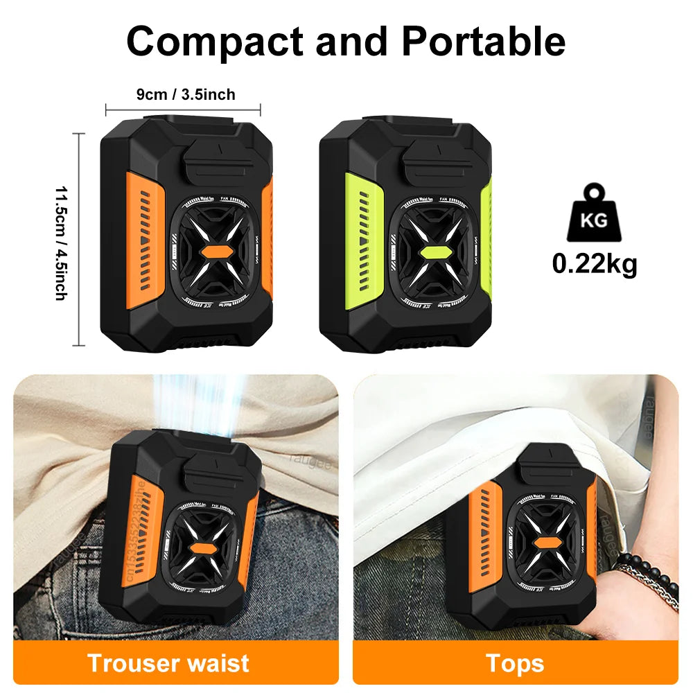 Portable Waist Clip Fan 5000Mah USB Rechargeable Fan Powerful Air Cooler Outdoor Camping Waist Fan with Power Bank LED Light